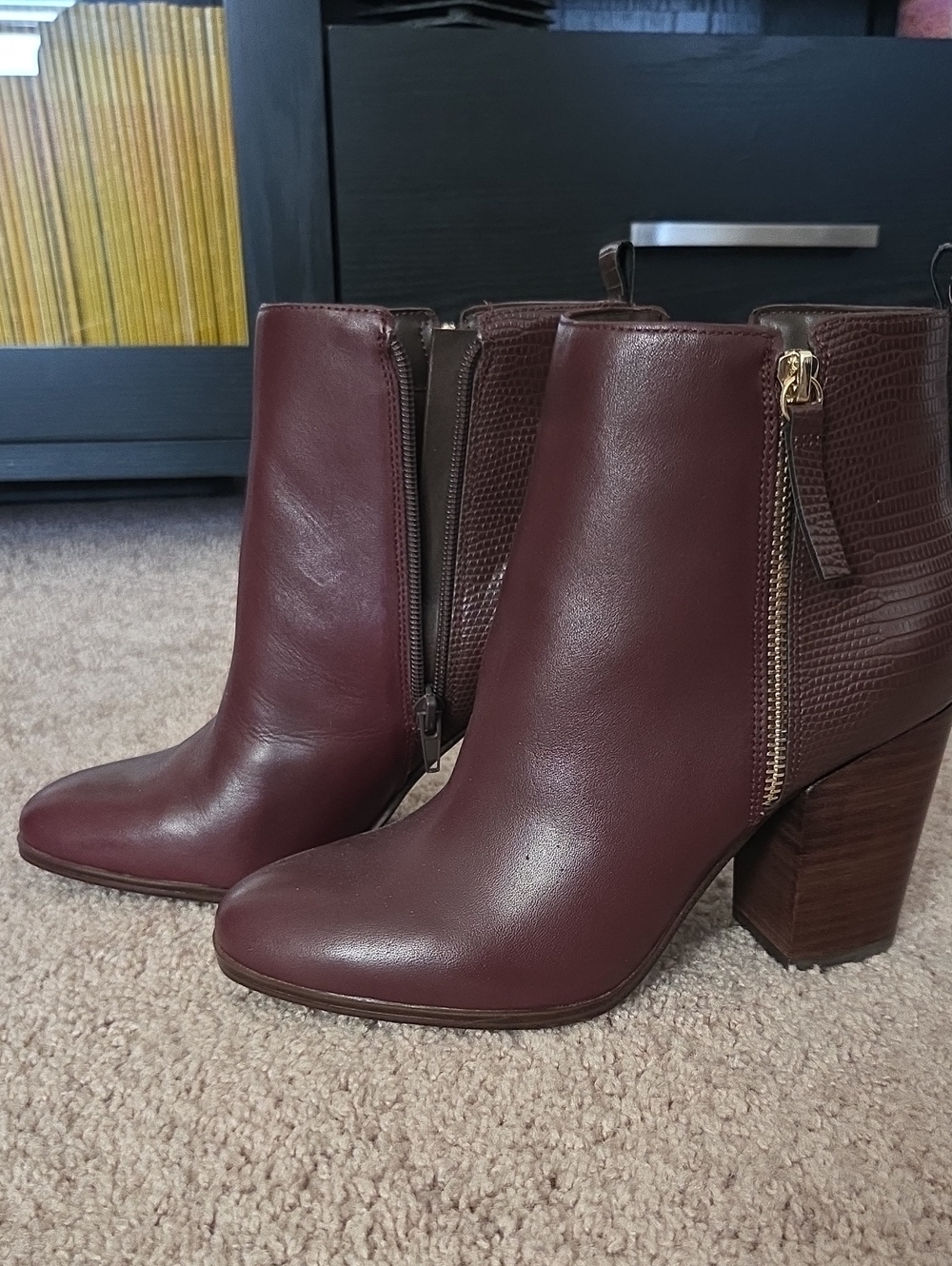 Aldo Burgundy Leather & Textured Ankle Boots